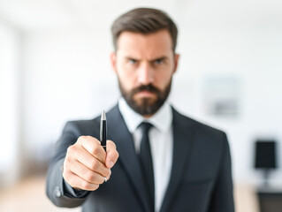 Business executive holding pen office portrait professional setting direct view