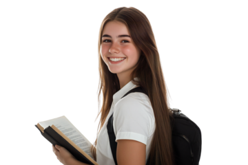 Smiling young female student holding a book, isolated on transparent background