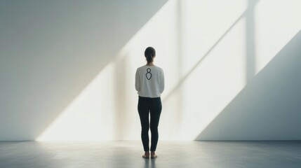 Obraz premium A woman standing with a coat hanger symbol in a public square. The soft morning light casts gentle shadows