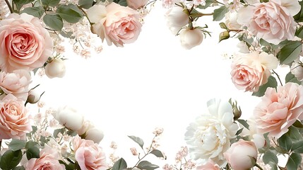 A floral frame of roses in soft pink and peonies in creamy white, accented with subtle green leaves, blank creamy white central area for copy, glowing morning light, hd sharpness,