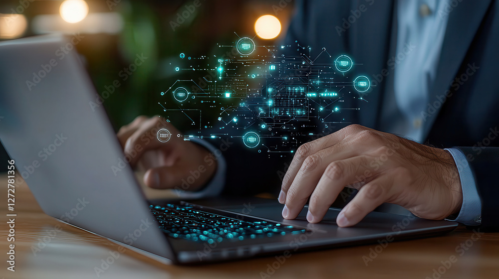 Aufkleber businessman in dark suit is typing on laptop, surrounded by digital graphics and data visualizations, conveying sense of innovation and technology