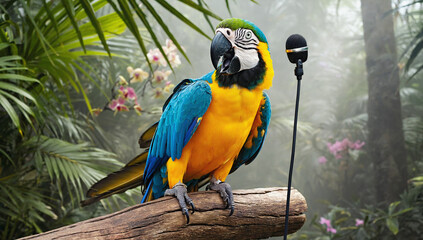 Obraz premium birds singing using microphones in the middle of the forest