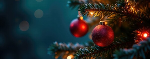 Holiday lights illuminate a Christmas tree branch with ornaments, branch illumination, winter wonderland, tree decorations