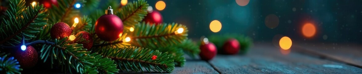 Holiday pine branch arrangement with multi-colored lights and festive ornaments, lights, pine, decoration