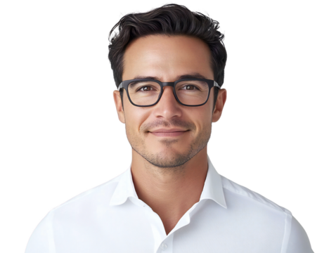 Smiling handsome man with glasses in a white shirt, isolated on transparent background