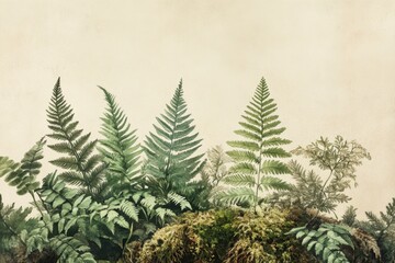 Lush Green Ferns on Mossy Background in Serene Natural Setting