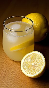 Refreshing lemonade drink served with ice and lemon slices on a wooden table