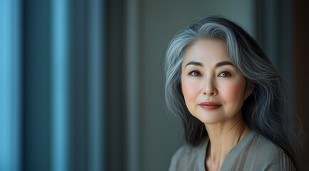 Fototapeta premium Elegant portrait of a mature woman with gray hair, exuding confidence and wisdom.