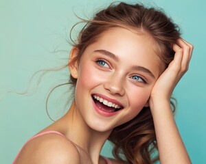 a young girl with a radiant smile, her eyes sparkling with joy, bathed in soft, natural light. Her hand gently caresses her hair, exuding warmth and happiness