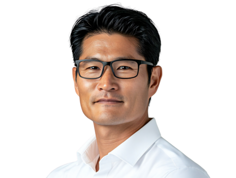 studio portrait of a confident man wearing glasses and a white shirt
