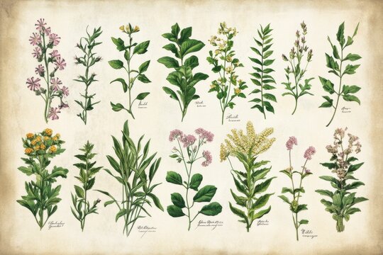 Beautiful collection of floral botanical illustrations on vintage paper