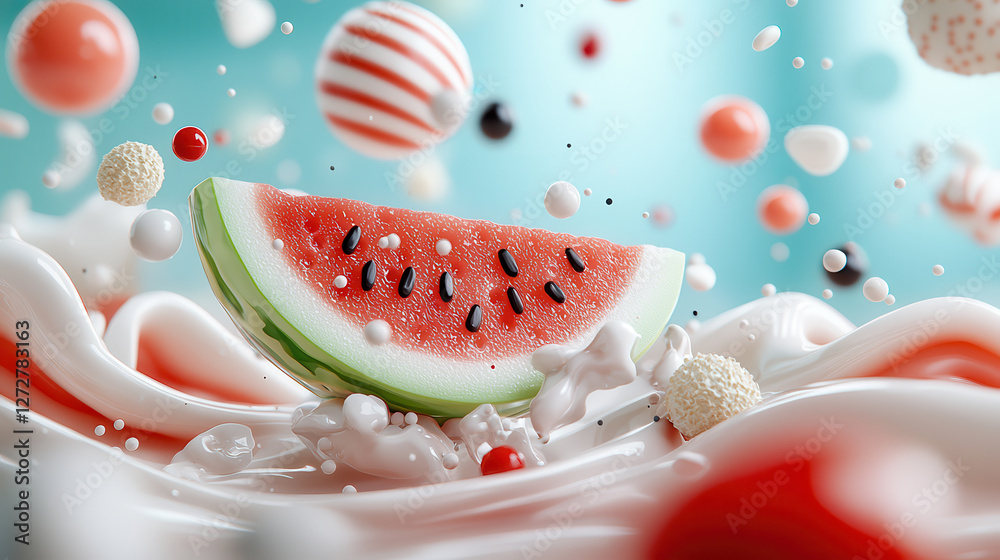 Poster vibrant watermelon slice surrounded by colorful spheres and creamy textures creates playful and refreshing scene. composition evokes sense of fun and summer joy