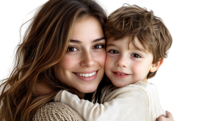 Loving mother hugging her happy young son, isolated on transparent background