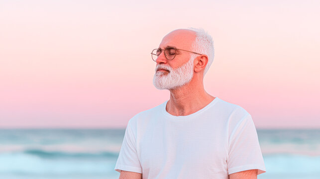 Reflective senior man at sunset beach portrait photography tranquil scene