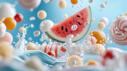 Obraz premium vibrant splash of water with watermelon slice surrounded by colorful candies creates playful and refreshing scene. bright colors and dynamic movement evoke sense of joy and fun