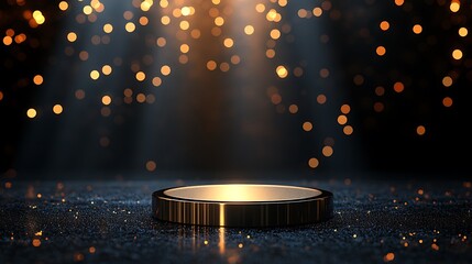 Dark brown background with a golden podium and bokeh lights for product presentation, vector illustration. Dark color scheme design
