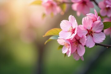 Pink cherry blossoms with some green leaves surrounding them, trees, spring growth, flowers