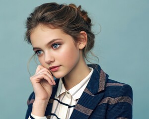 a young woman looking thoughtful, with a touch of elegance and style. The lighting enhances her captivating gaze