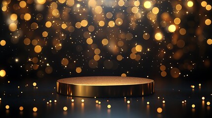 Dark brown background with a golden podium and bokeh lights for product presentation, vector illustration. Dark color scheme design