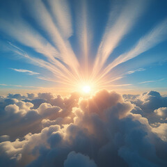 Sun bursting through clouds, hyper realistic 