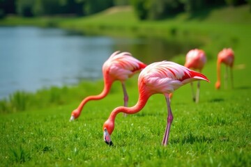 Fototapeta premium Pink flamingos grazing on green grass near Albufera, mallorca, albufera