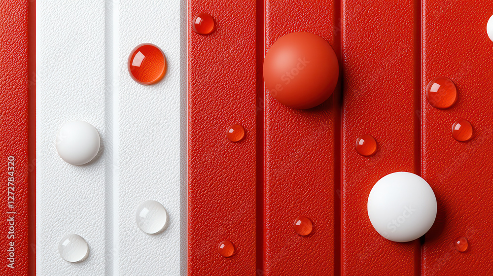 Poster Dynamic red and white striped abstract composition with spheres and droplets, creating vibrant and textured visual experience