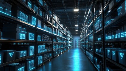 Fototapeta premium Exploring Futuristic Warehouse: Automated Storage System with Illuminated Inventory, Enhancing Logistics Efficiency.