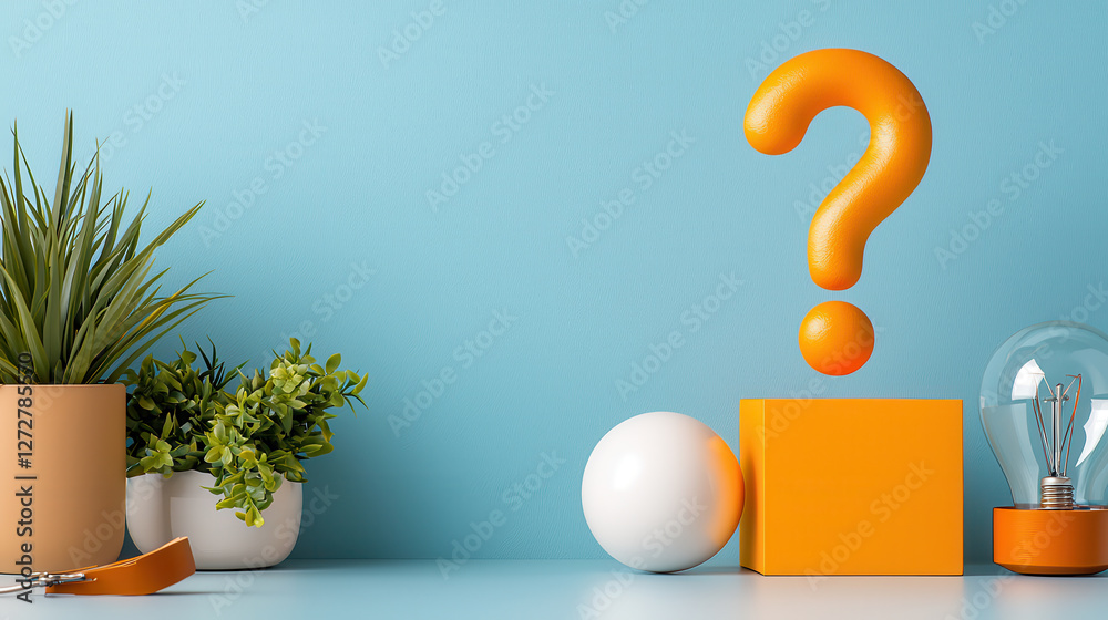 Poster vibrant abstract scene featuring oversized question marks, geometric shapes, and greenery, creating 