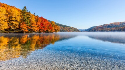 Serene autumn landscape reflecting vibrant foliage on tranquil lake surface