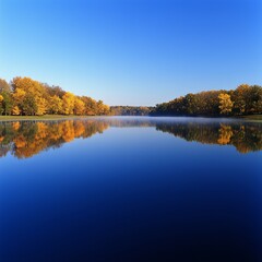 Obraz premium Serene autumn landscape reflecting vibrant trees in calm lake under clear sky