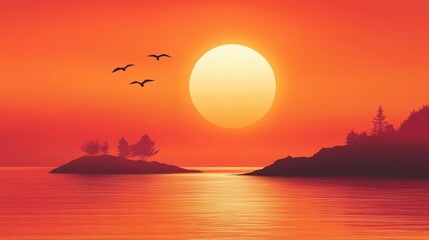 Sunset with birds flying over water in a warm red-orange gradient scene at twilight