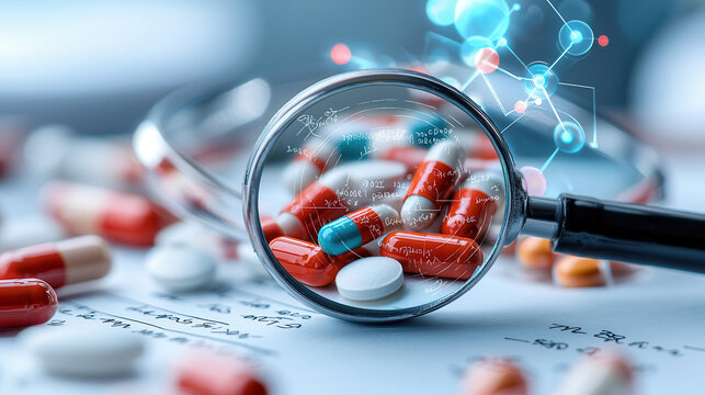 Biochemical analysis of pharmaceutical science with magnifying glass, showcasing colorful pills and molecular structures. blend of science and medicine