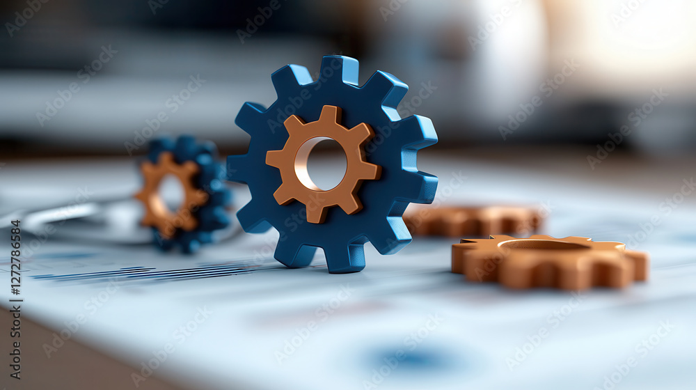 Aufkleber gears in blue and orange colors on business document, symbolizing strategy and teamwork. image conve