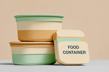 Stacked food containers in green, orange, and beige colors, showcasing modern design and functionality. Ideal for meal prep and storage