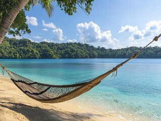Serene beach scene with a hammock swaying under palm trees by turquoise waters