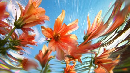 Blurred Motion of Vibrant Orange Flowers in Bloom Against Blue Sky Background