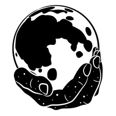 Human hand holding a planet or full moon. Creative design. Black and white silhouette.