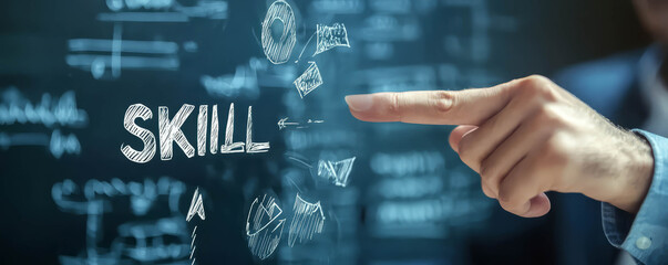 Skill development concept with hand pointing at word skill, emphasizing personal growth and learning