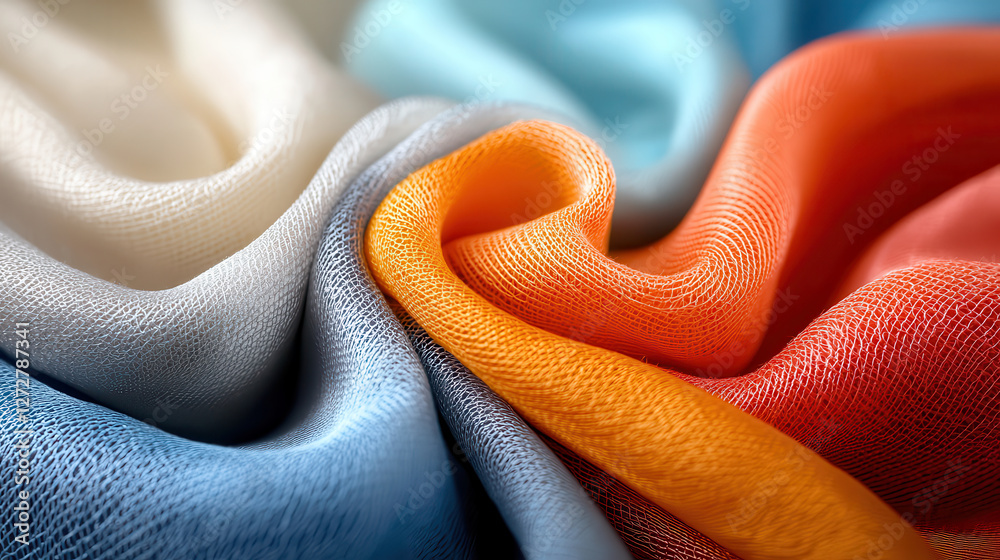 Poster soft, colorful fabrics in shades of blue, orange, and white create beautiful, flowing texture. inter