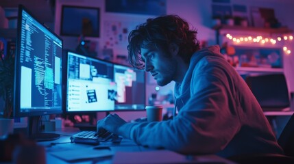 A programmer focusing intensely on debugging in a tech workspace. Featuring bright error messages on monitors