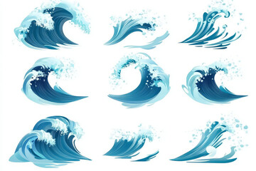 Fototapeta premium Waves in various styles and shapes, showcasing dynamic movement and energy. Perfect for ocean themed designs and illustrations