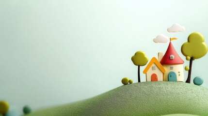 Naklejka premium Whimsical Miniature Cottage Nestled in a Vibrant Landscape of Hills and Trees