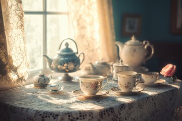 Elegant Tea Set on Lace Tablecloth Bathed in Soft Natural Light