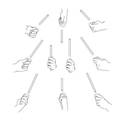 細い棒を持つ手のセット　白黒のベクターイラスト。