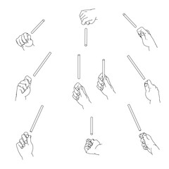 細い棒を持つ手のセット　白黒のベクターイラスト。