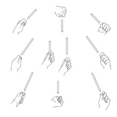 細い棒を持つ手のセット　白黒のベクターイラスト。