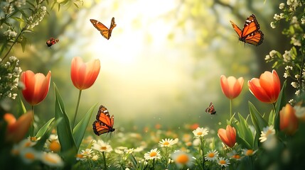 Obraz premium A whimsical scene of butterflies and bees in motion around blooming tulips and daisies, framed by lush greenery, central area left blank with a light cream gradient, softly glowing sunlight,