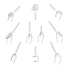 細い棒を持つ手のセット　白黒のベクターイラスト。