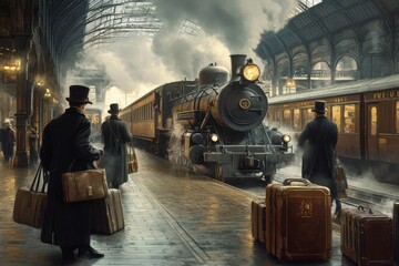 Vintage Steam Train Arrival at Historic Train Station in Fog