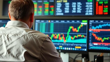 Crypto trader broker analyzing cryptocurrency exchange market on computer, viewing stock indexes charts for profitable investments, over shoulder view, exchange, platform